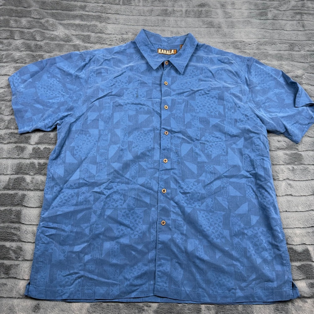 Kahala 1936 Mens 2XL Blue Geometric Jacquard Short Sleeve Button Down Shirt